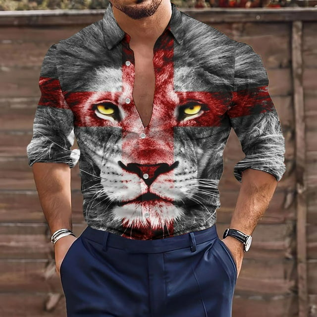 TIMIFIS Men's Shirts Cross Long Sleeve Button Down Shirts Cross Print Casua Shirts Top-RedFall