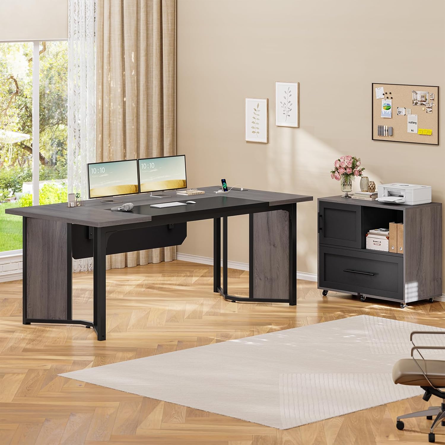 63" L Shaped Executive Desk with Mobile File Cabinet, Modern Corner Computer Desk with Power Outlets, Desk Business Workstation Set, Gray