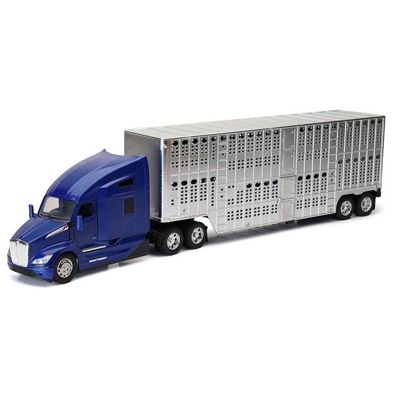 Kenworth T680 Truck Blue Metallic with Livestock Trailer Chrome