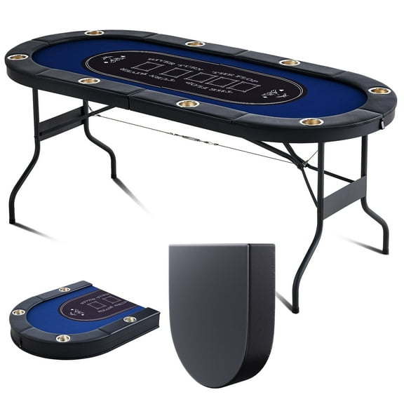 KFFKFF 8-Player Poker Table, Blackjack Texas Holdem Poker Desk with Cushioned Edges and Stainless Steel Beverage Holders, Movable Foldable Card Play Game Desk, Blue