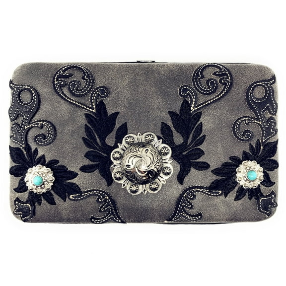 Texas West Rhinestone Concho Floral Embroidered Leather Clip Womens Wallets