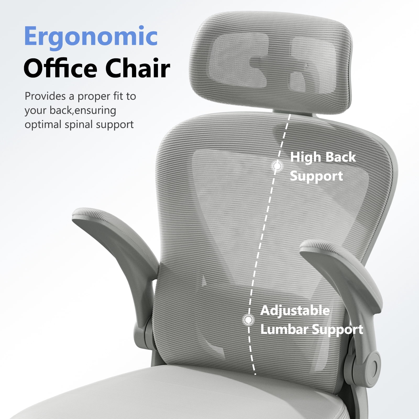 HomeZeer Desk Chairs with Wheels, Mesh Office Chair with Lumbar Support, Ergonomic High Back Office Chair with Adjustable Headrest, Task Chair Flip-up Arms, Executive Office Chair Home Office, Gray