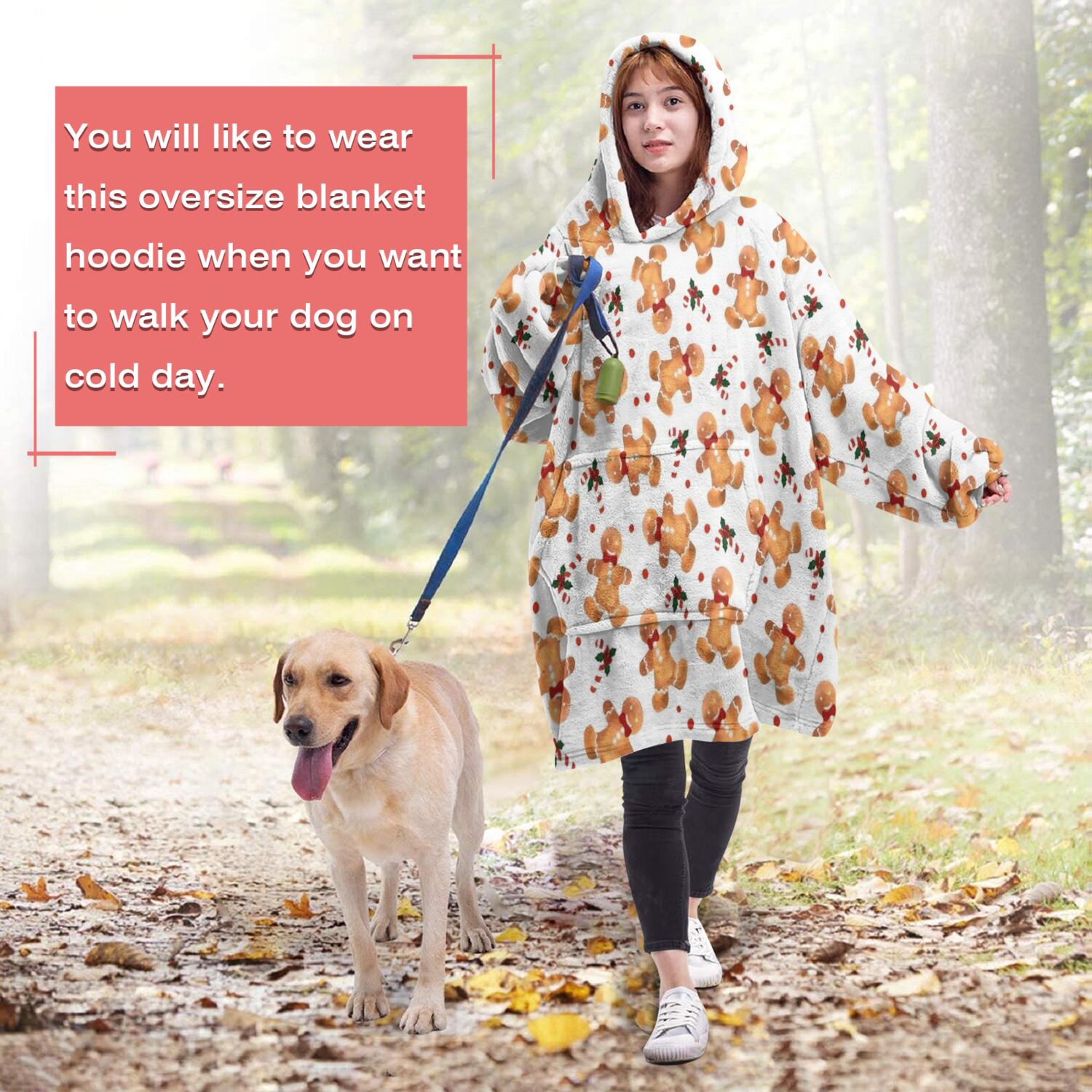 Wearable Oversized Blanket,White Christmas Gingerbread Man Pattern Wearable Blanket Hoodie for Adults,Cozy Hooded Blankets with Super Pockets,Super Warm Fuzzy Pullover for Women & Men