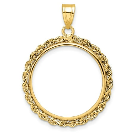 Finest Gold Wideband Distinguished Coin Jewelry 14K Polished Rope 21.6 mm Prong Coin Bezel Pendant