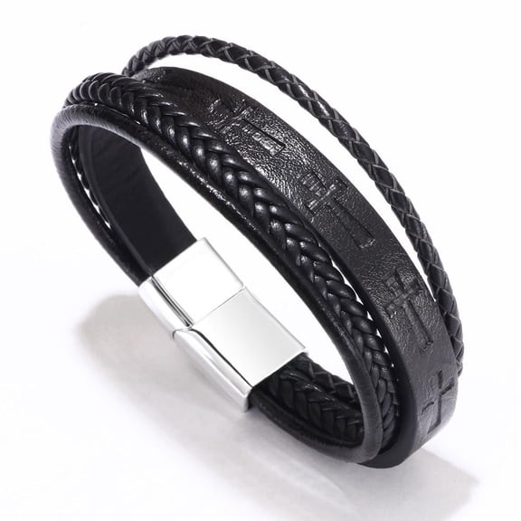 Mens Leather Cross Bracelet Multilayer Braided Wristband Bangle Bracelets with Stainless Steel Buckle Religious Gift for Men