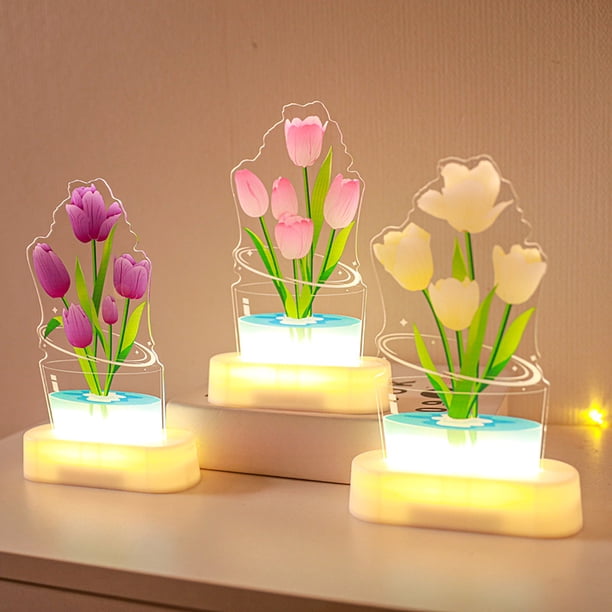 Luz nocturna en forma de tulipán | Pequeña lámpara de ambiente para interiores | Adorno decorativo de mesa | Hogar, dormitorio, sala de estar, uso de estudio | Funciona con pilas | Idea de regalo