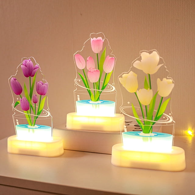 Lámpara Nocturna LED en Forma de Tulipán | Pequeña Lámpara Ambiental para Decoración del Hogar | Alimentada por Batería | Acento de Mesa Interior | Dormitorio, Sala, Estudio | Idea de Regalo | 1