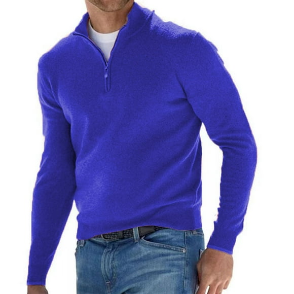 DondPO Mens Shirts Men'S T-Shirts Men's Autumn And Winter Long Sleeved V Neck Fleece Zipper Casual Solid Color Top Long Sleeve Shirts for Men Polo Shirts Blue XL