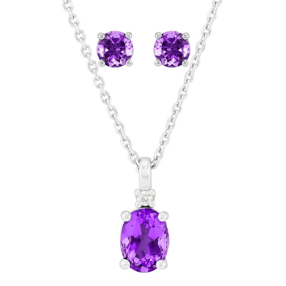 Brilliance Fine Jewelry Oval Simulated Amethyst Pendant and Round Stud Earrings Set in Sterling Silver
