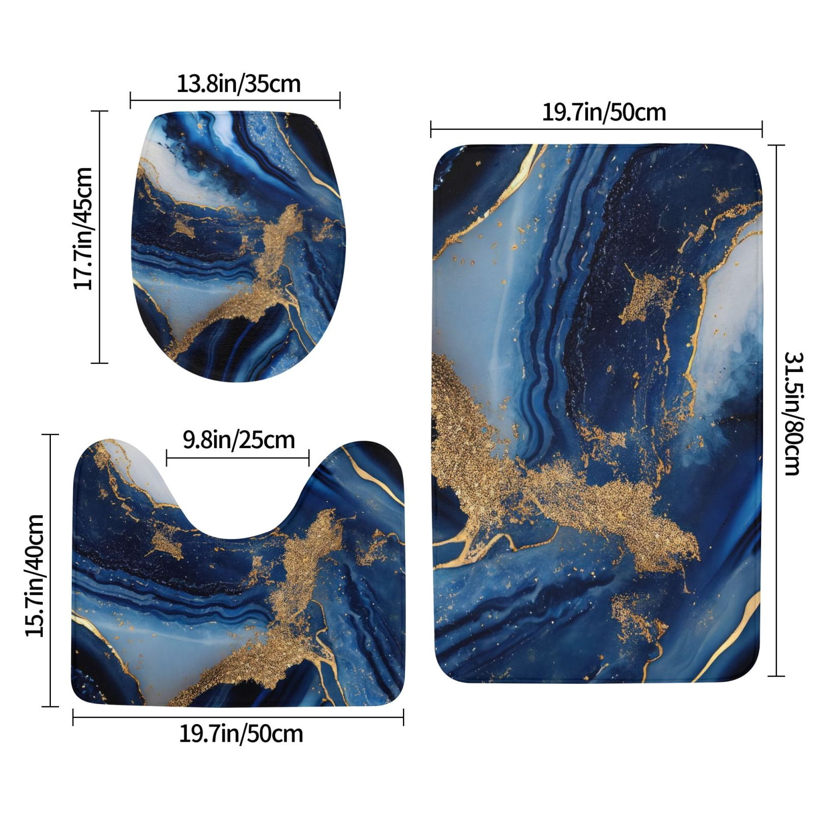 Bathroom Rugs Sets 3 Piece - Navy Blue Marble Absorbent Non Slip Bath Mats, U-Shape Toilet Lid Cover, Contour Mat, Soft Washable Shower Mats Bath Rug Mat for Bathroom Tub Toilet