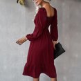 thumbnail image 1 of Women Square Neck Lantern Sleeves Dress Elastic Back Ruffle Stitching Pure Color A Line Casual Flowy Dress For Spring Autumn Wear, 1 of 6