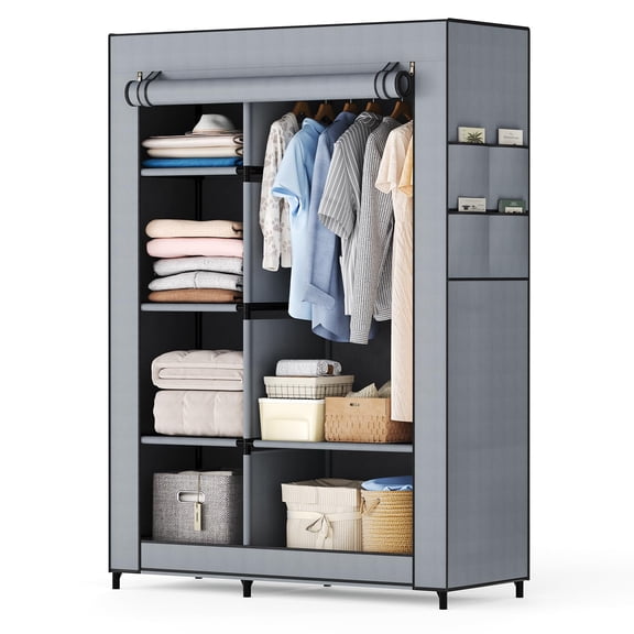 Blazezo Portable Wardrobe Closet with Cover, Freestanding Garment Rack, 6 Shelves & Hanging Rod, Non-Woven Dustproof Storage Organizer for Bedroom, Dorm, Apartment