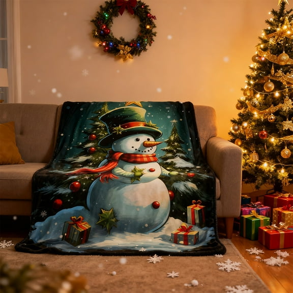 Christmas Snowman Print Double Sided Fleece Blanket, Soft Flannel Throw for Bedroom Sofa and Couch, Merry Christmas Themed Decorations for Holiday Season