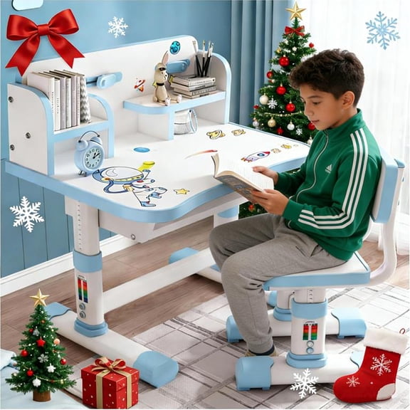 Floseru Kids Adjustable Height Desk and Chair Set with Drawer and Storage, Kids Table and Chairs School Study Desk for Kids