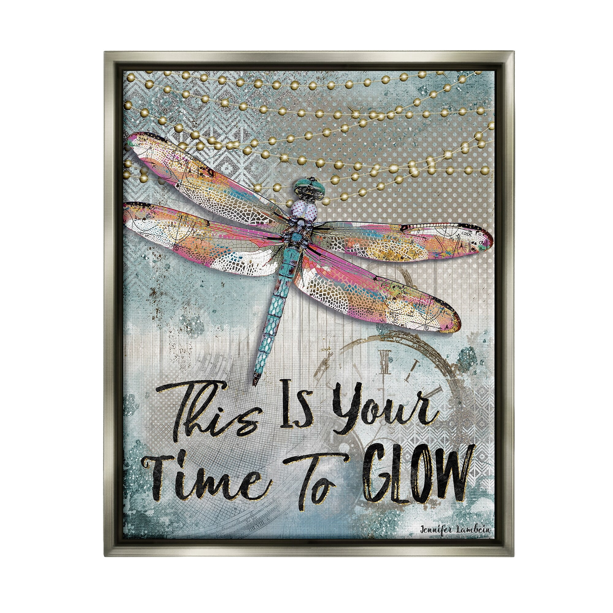 Stupell Industries Blue Lights This Is Your Time To Glow Inspirational Dragonfly Luster Gray Framed Floating Canvas Wall Art, 16x20, by Jennifer Lambein
