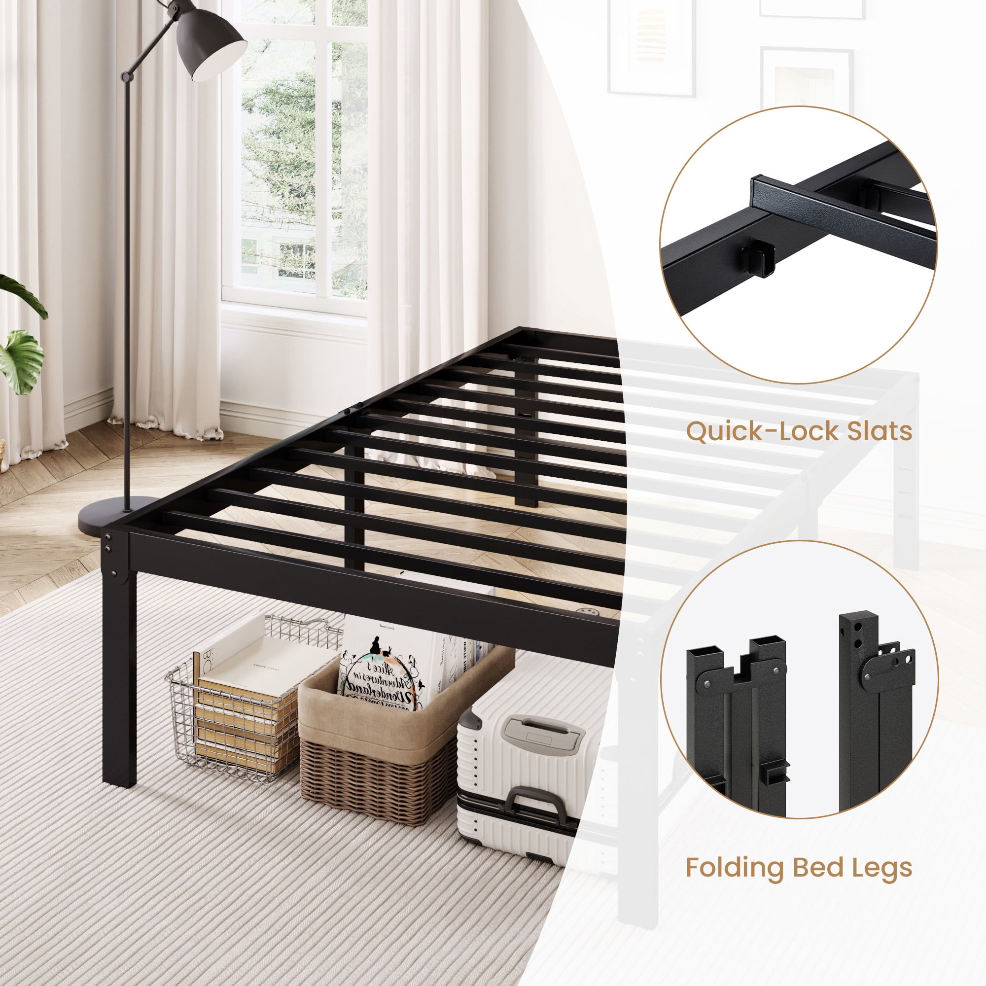 Merrland 18" Twin Size Metal Platform Bed Frame, Heavy-Duty, Ample Under-Bed Storage, No Box Spring Needed, Black