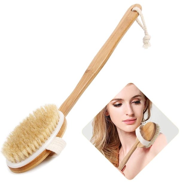 Cepillo corporal para baño y ducha, cepillo para piel seca con cerdas de jabalí 100 % naturales y mango desmontable de bambú de 16 pulgadas de largo para exfoliar y estimular la circulación sanguínea,
