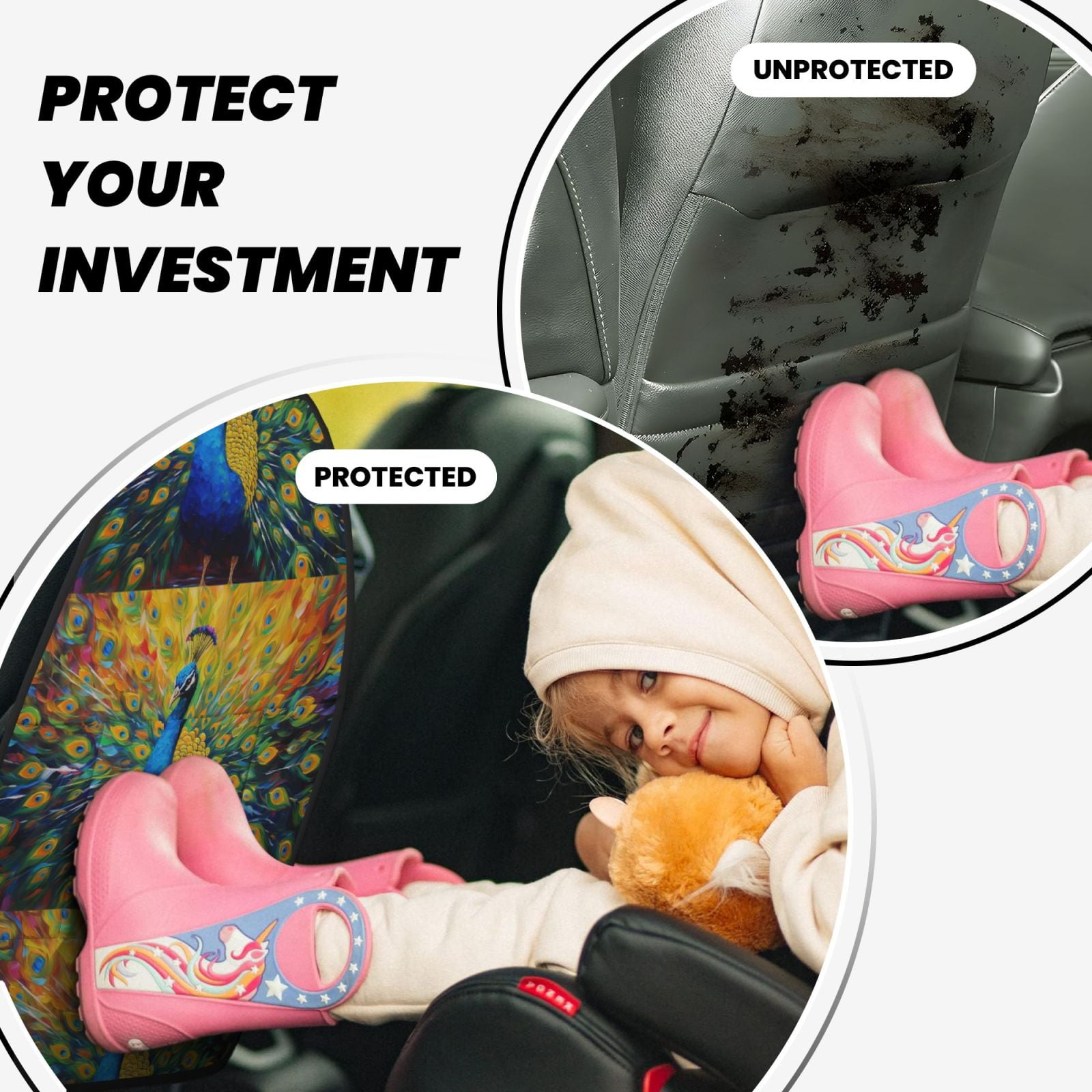 Xecao Peacocks Pattern Car Seat Back Protector 2 Pack Large Capacity Pocket, Kick Mats Back Seat Protector
