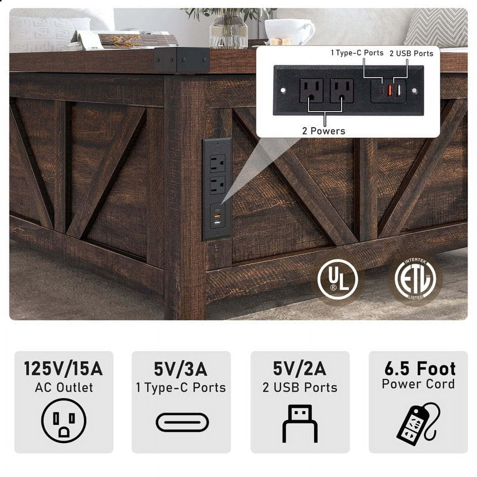 35.6" Farmhouse Lift Top Coffee Table with Charging Ports,Large Square Coffee Table with Storage, Wood Center Table w/Large Hidden Space for Living Room Home Office,Brown