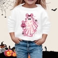 thumbnail image 2 of CUZIBR Kids Girls Halloween Crewneck Sweatshirt Pumpkin Bow Ghost Flower Graphic Pullover Long Sleeve Comfort School Tops,White,4-5 Years, 2 of 4