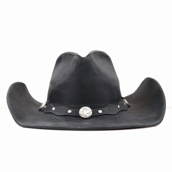 StellMan Real Leather Cowboy Hat for Men and Women – Handmade Black Western Hat with Silver Concho and Buckle Band