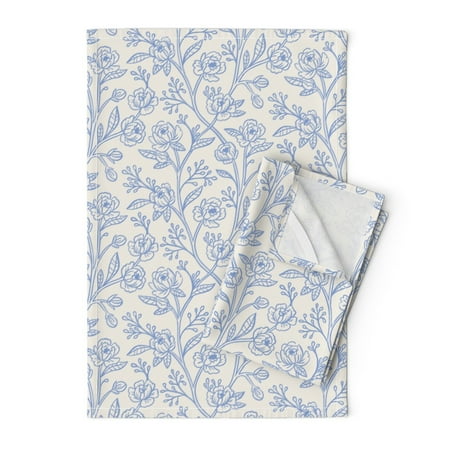 

Printed Tea Towel Linen Cotton Canvas - Peonies Periwinkle Blue Flowers Floral Simple Ivory Peony Print Decorative Kitchen Towel by Spoonflower