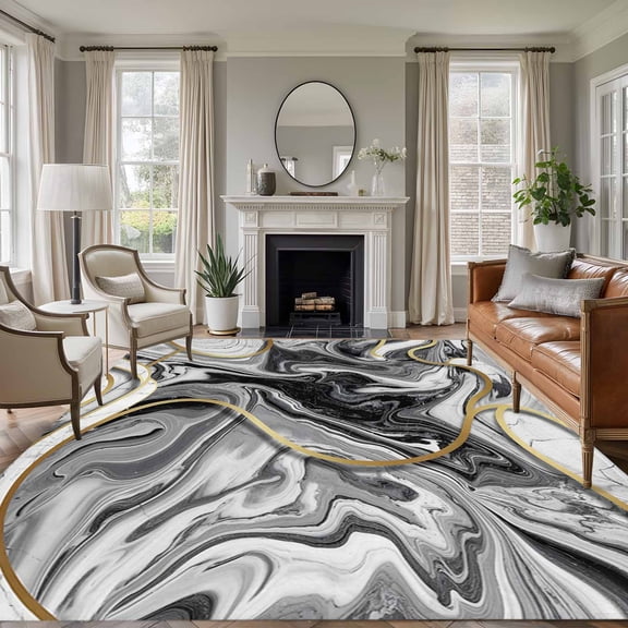 Area Rug for Living Room, Grey Marble Non-Slip Indoor Large Carpet for Bedroom/Dining Room, Modern Abstract Art Ink Painting Washable Low-Profile Rectangle Floor Runner Rugs - 5 x 7 Ft