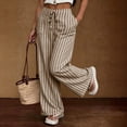 thumbnail image 5 of Textilo Womens Wide Leg Striped Palazzo Pants Drawstring Elastic Waist Pant with Pockets Trousers Lightweight Comfy Lounge Summer Beach Boho Outfits,Khaki XL, 5 of 5
