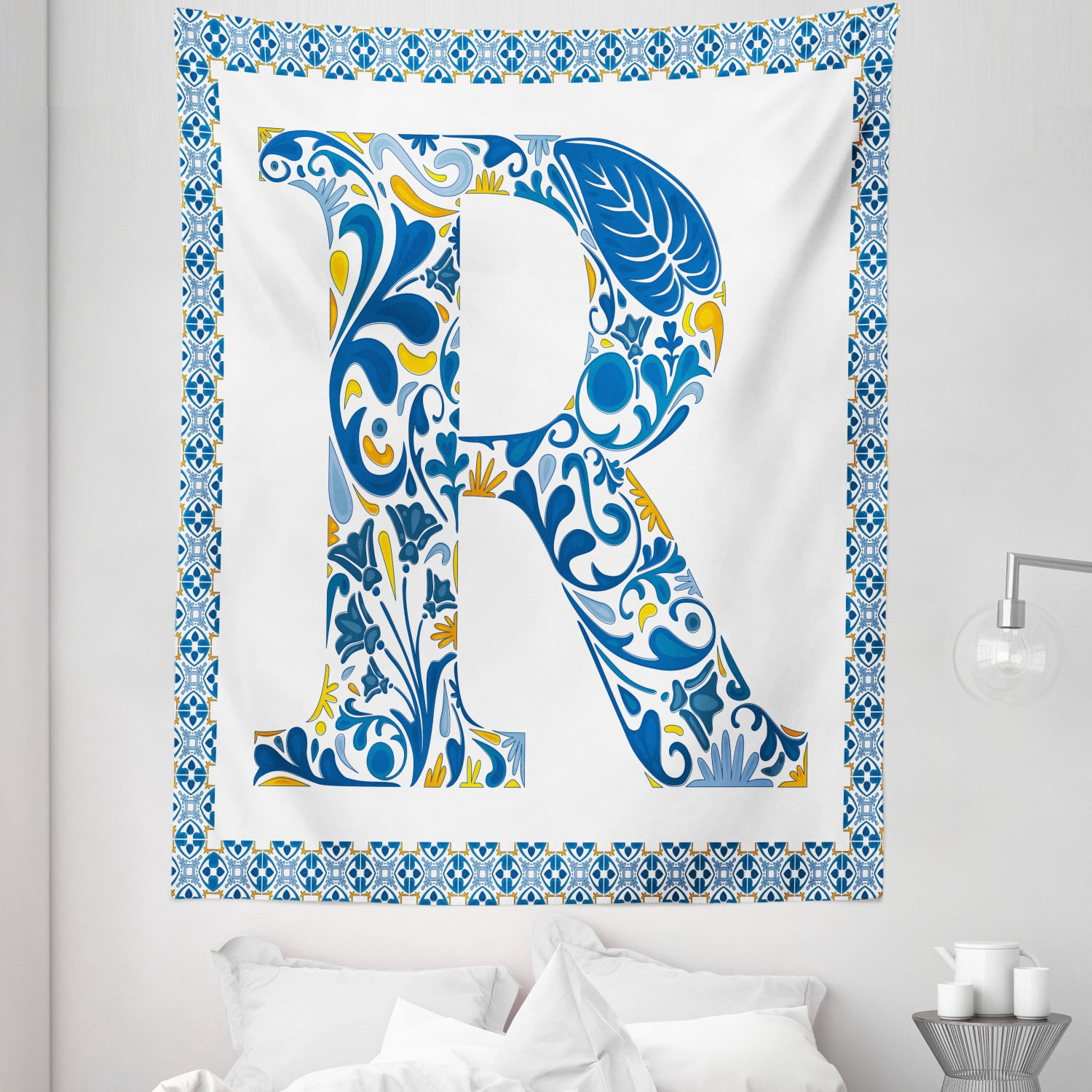 Room Decor With R Letter R Tapestry, Curly Blossoms Motifs Letter R Vintage Traditional ...