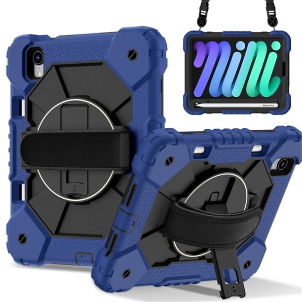 Funda Resistente a Prueba de Golpes para iPad mini 2024 / mini 6, Funda Protectora de Silicona Anti-caída + Capa de PC con Asa Giratoria de 360°, Soporte, Correa para el Hombro, Azul Oscuro