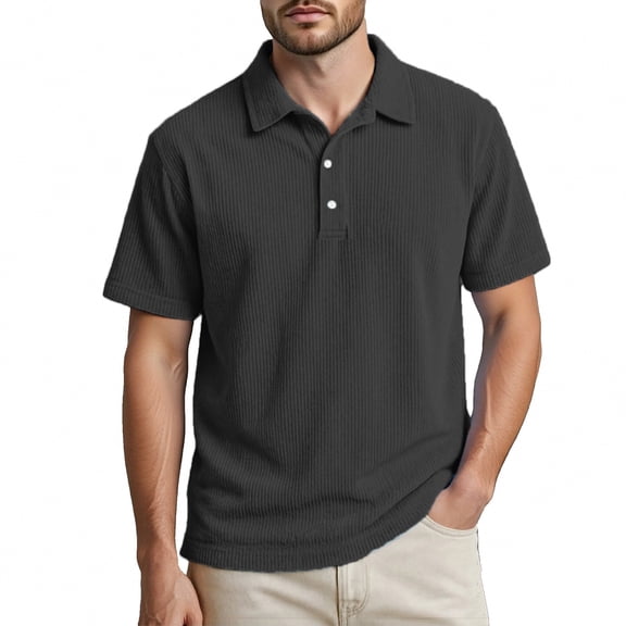 CHENHANN Polo Shirt Men Short Sleeve Button Down Corduroy T Shirts Loose Fit Black Mens Casual Shirts