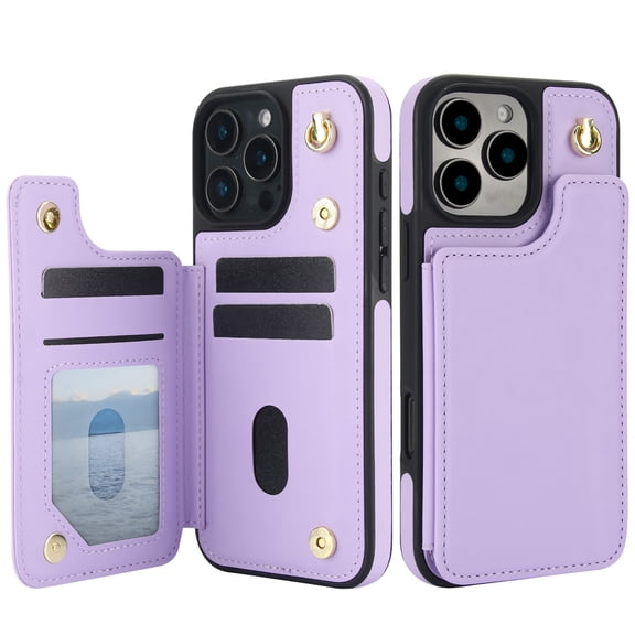 For iPhone 14 Pro Crossbody Wallet Phone Case,With Shoulder Strap,Card Slots,Back Double Magnetic Clasp PU Leather Flip Kickstand,Durable Shockproof Anti-fall Phone Case Cover,Purple