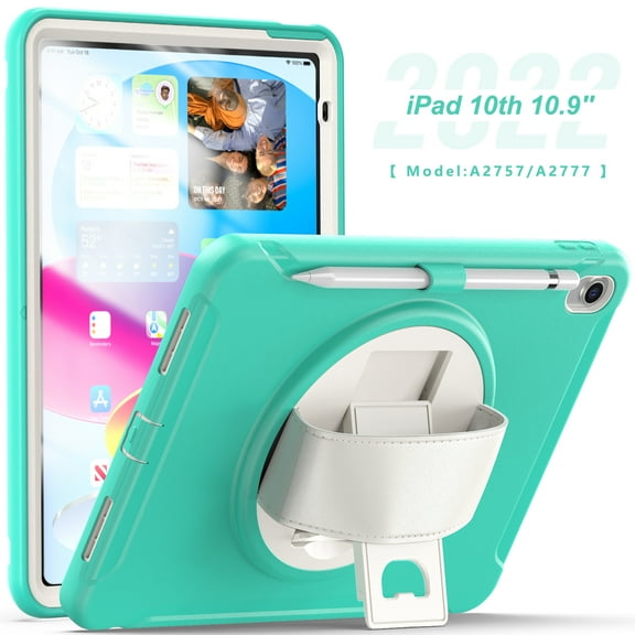 TECH CIRCLE Case for iPad 10th Generation 10.9 inch 2022, Heavy Duty Shockproof Rugged Protective with Pencil Holder 360° Rotating Hand Strap Stand Case for 10th Gen 10.9" for Boys Girls,Mintgreen