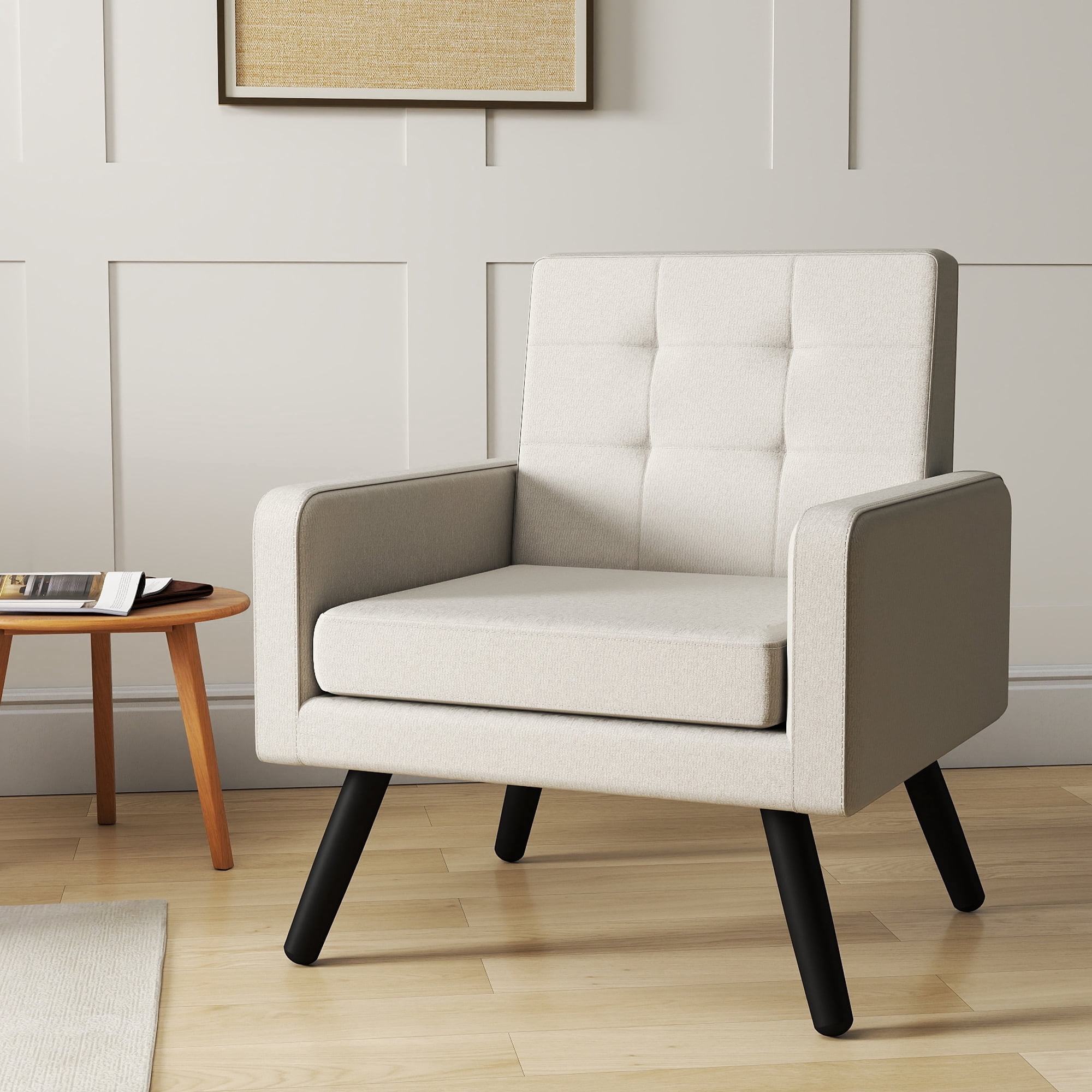 Skandiquip 31" Mid Century Modern Accent Chair, Upholstered Cozy Single Sofa Chair with Solid Legs, Extra Large Seat, 496 Lb Capacity for Living Room Bedroom, Beige