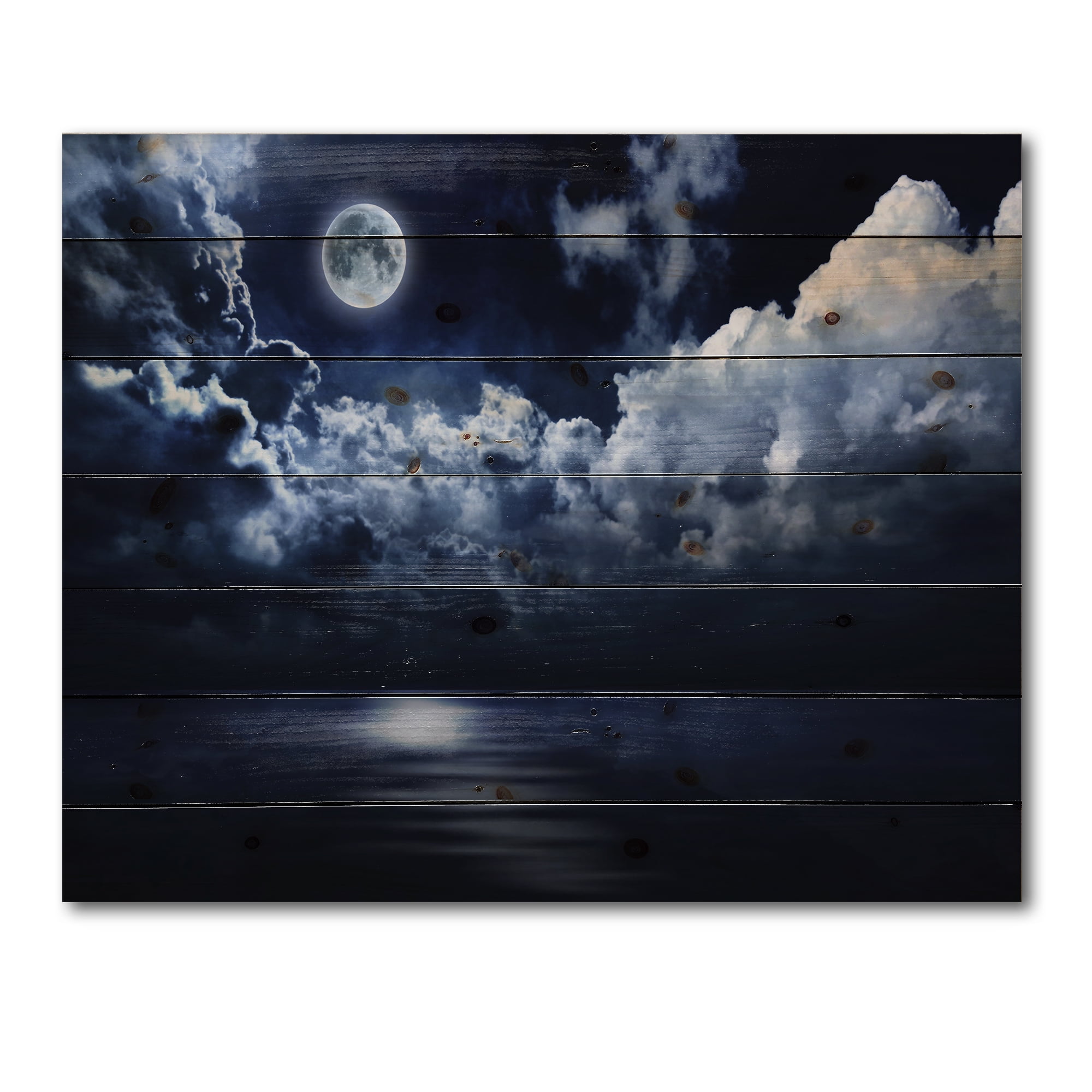 Designart 'Full Moon Night in Cloudy Sky' Modern Print on Natural Pine Wood