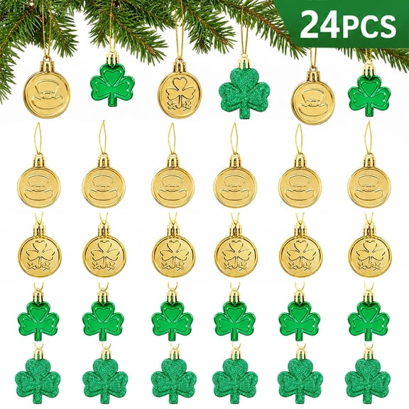 St Patricks Day Ornaments Shamrock Decorations Shamrock Ornaments for Tree Mini Green Gold Good Luck Clover Coins Hanging Irish Saint Patricks Day Party Supplies 24pcs Set 1