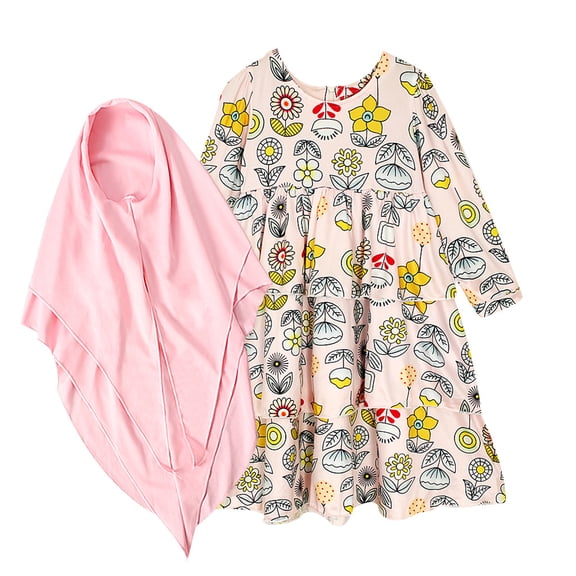 Mercatoo Baby Hijab Set Girls Long Sleeve Floral Ramadan Muslim Abaya Set Toddler Kids Maxi 𝐃ubai Robe Traditional Clothing