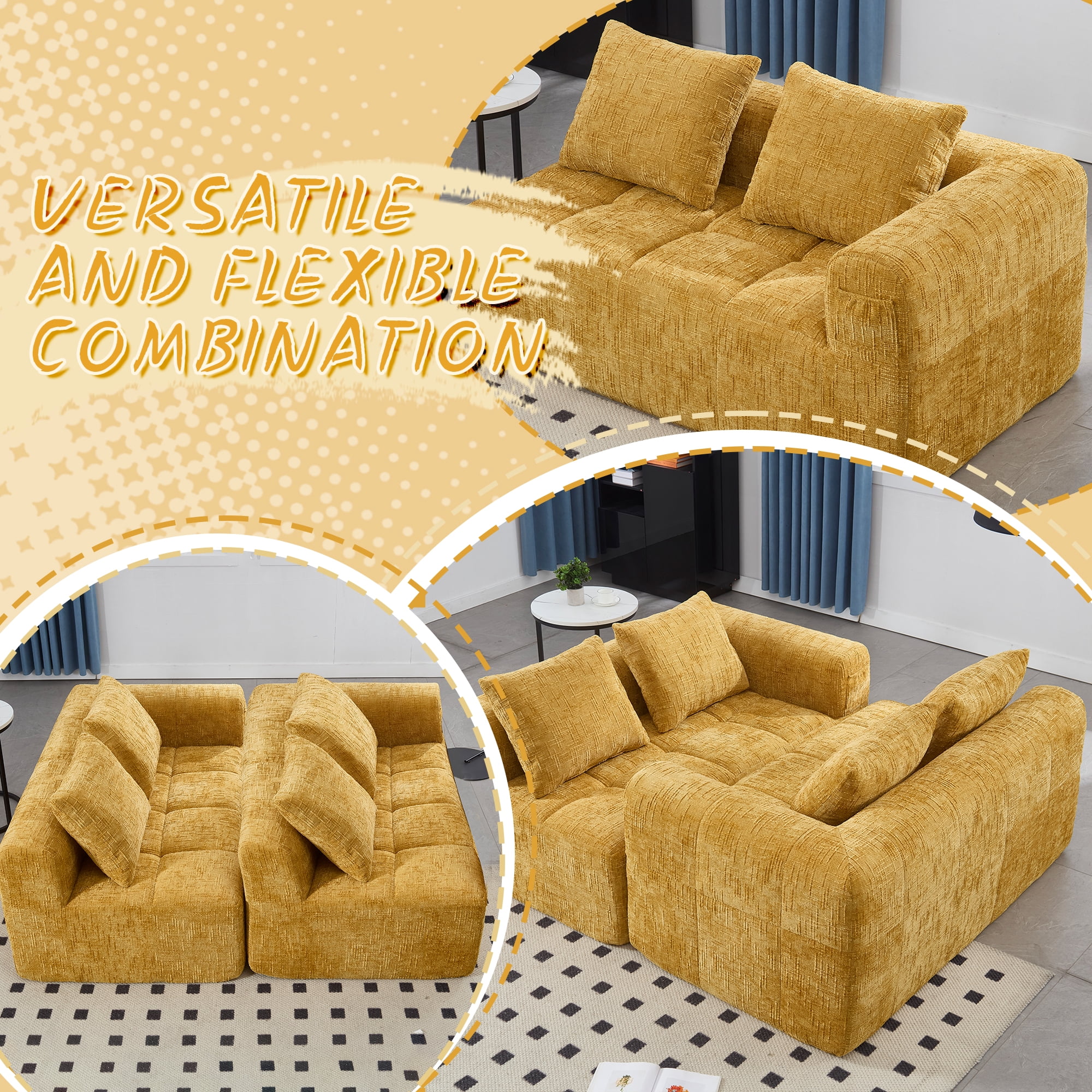 MOONMISS Chenille Upholstered Modern 2-Seater Lazy Compression Sofa with Small Side Pocket-Yellow
