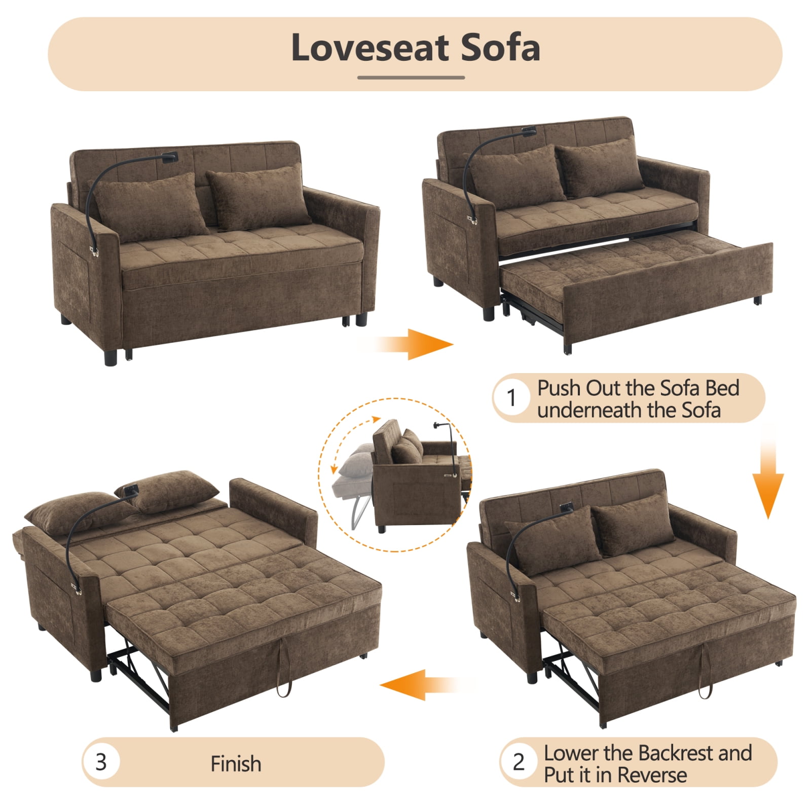 Harper & Bright Designs Loveseat with Pull Out Bed, Convertible Tufted Sleeper Sofa Bed with Adjustable Backrest, Chenille Pull-Out Bed with USB Charging Ports for Apartments Small Spaces, Brown