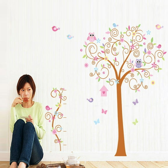 Bird Owl Branch Animation Wall Decal DIY PVC Transparent Film for Kindergarten Living Room Children's Room TV Sofa Background Wall Art Decors Window Dressing Living Room