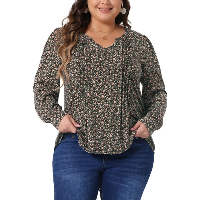 Blusa de mujer de talla grande Agnes Orinda, de manga larga, con pliegues, escote en V, floral, elegante y casual, talla 3X, color marrón y naranja