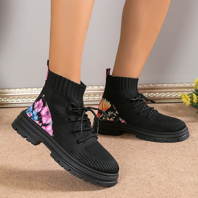 EGNMCR Bottes de Neige d'Hiver pour Femmes, Bottes d'Hiver pour Femmes, Bottines Élastiques Rétro pour Femmes, Mode Talon Plat Bout Rond Talon Plat Frenum Chaussures Tricotées Brodées pour Femmes