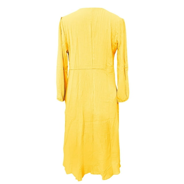 Sexy Dance Robe Longue Femme Boutons Décoratifs Maxi Robes Col en V Plissée Manches Longues Jaune Clair TG