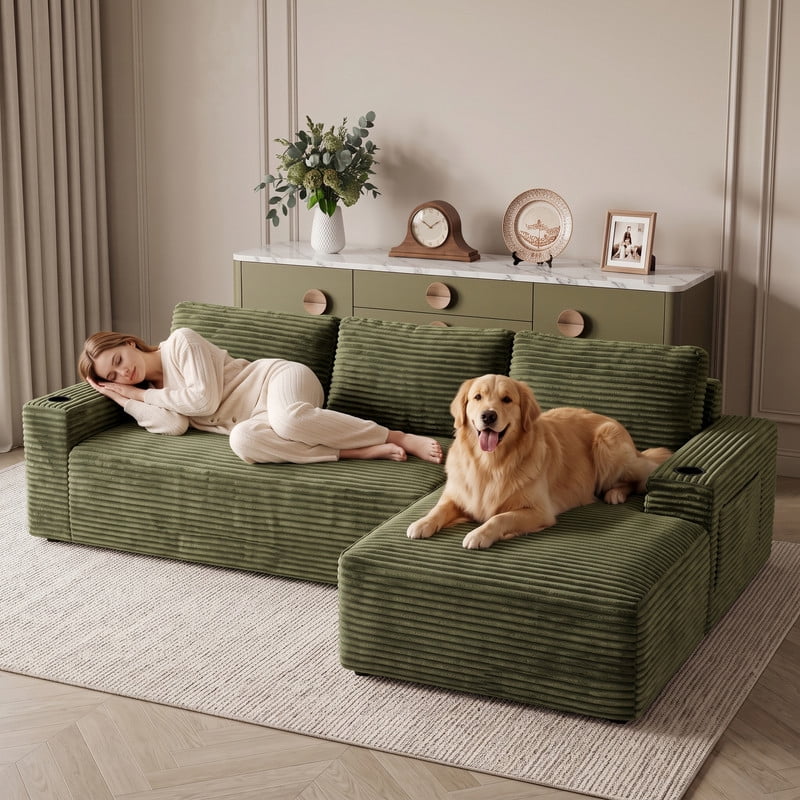 Anpport 104" Boneless Cloud Modular Sectional Couch, Corduroy Sofa with Cup Holders, Side Pockets, Deep Seat, No Assembly Required for Living Room, Green (R‑Shaped, Right Facing Chaise)