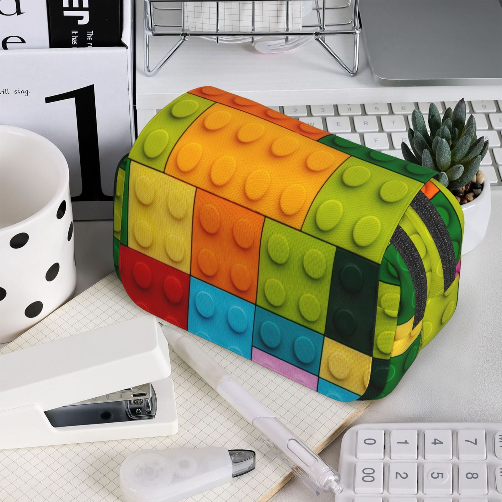 Rateoe Colorful Building Blocks Pattern Double Clamshell Pen Case, Storage Organizer with Two Zipper Compartments– Holds Up to 50 Pencils & Pens