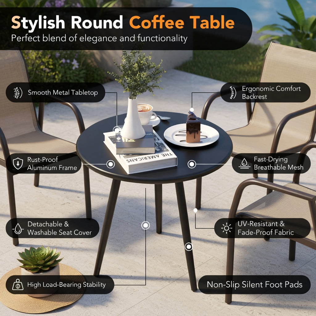 Hommoo 3-Piece Outdoor Patio Set, 2 Wide-Arm Aluminum Metal Chairs + Coffee Table, Brown