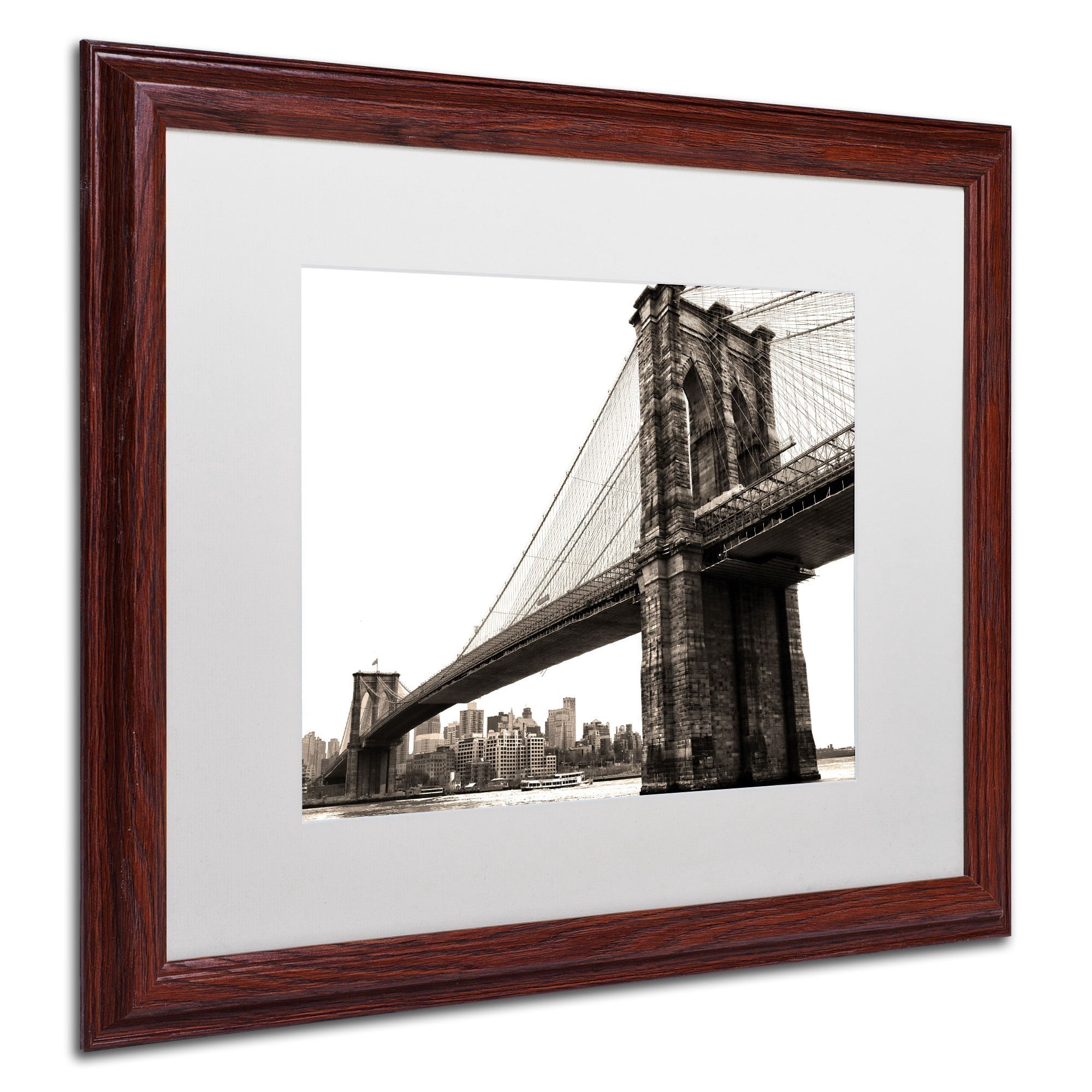 Trademark Fine Art "Brooklyn Bridge 2" Canvas Art by CATeyes, White Matte, Wood Frame