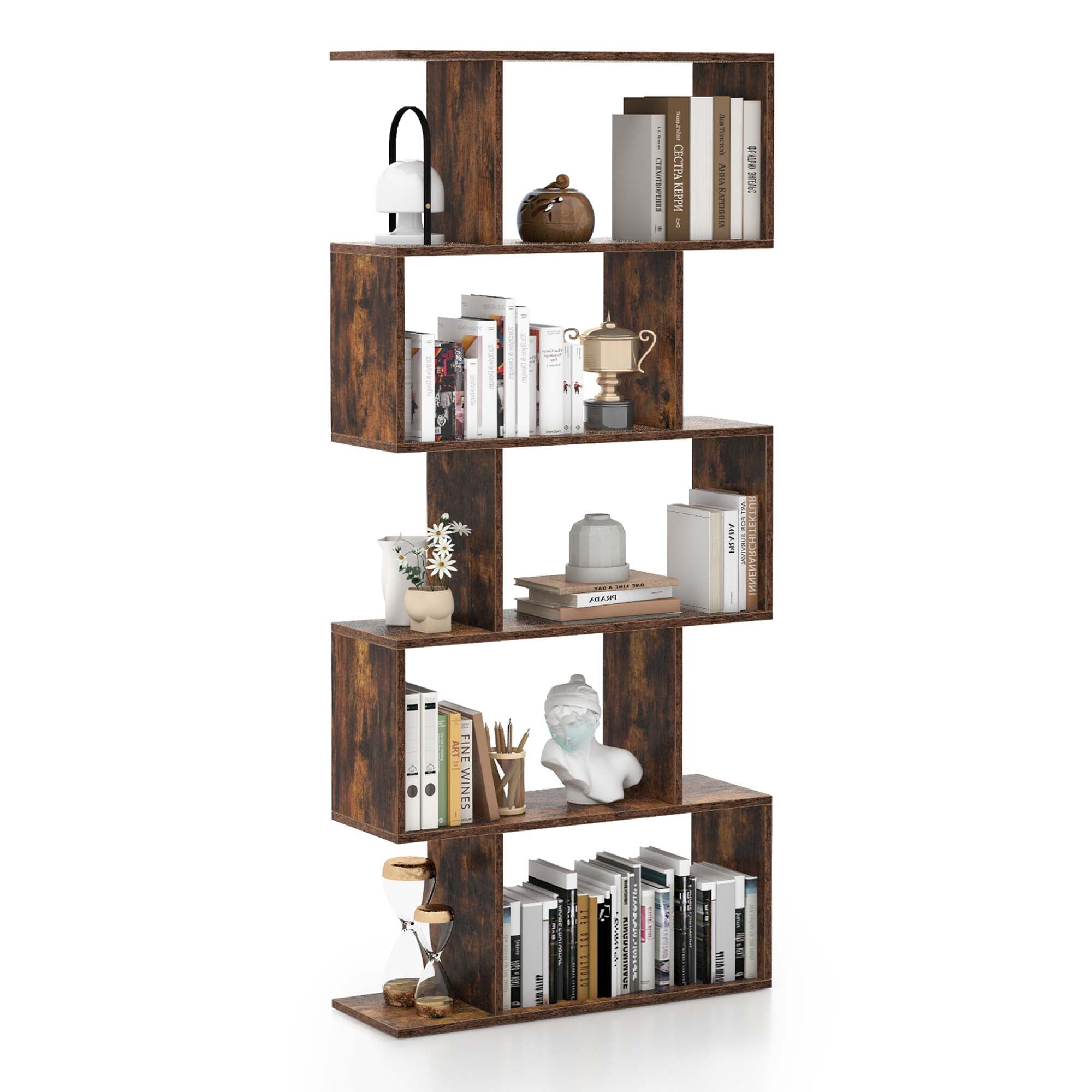 Costway 1 PC 5-Tier Bookshelf Geometric S-Shaped Bookcase Room Divider Storage Display Shelf Brown