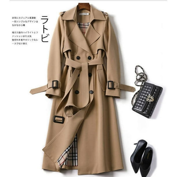 Women Double-breasted Trench Coat With Belt, Long Sleeve Mid-length Lapel  Overcoat, Slim Fit Over-the-knee Coat Long Dress Jacket