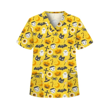 

CUE AIR Women Casual Tunic Shirts Halloween Cartoon Print Loose V Neck Scrub Tops Workwear Short Sleeve Pullover Top Shirts